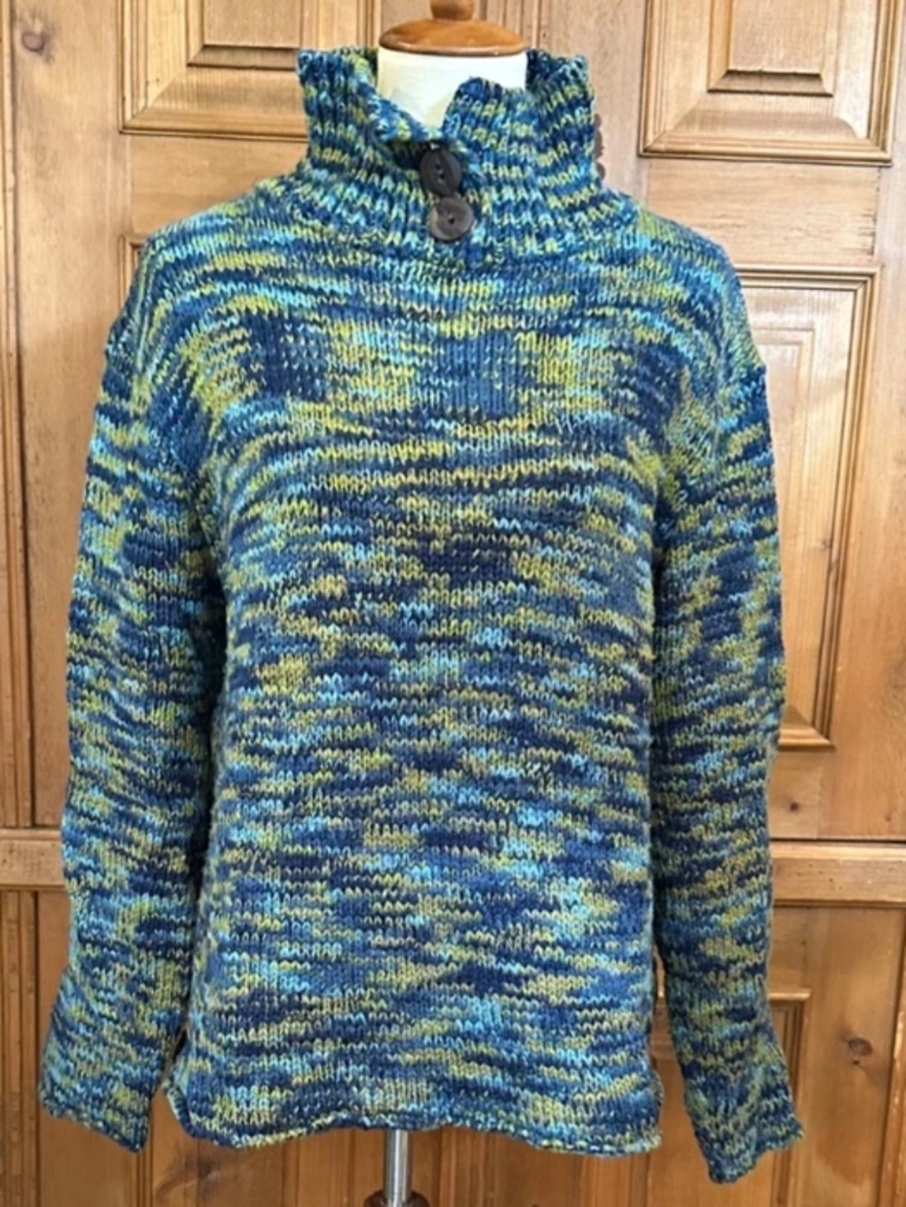 illow Boutique Chunky Knit Pullover Button Stand Collar Sweater Turqoise L
